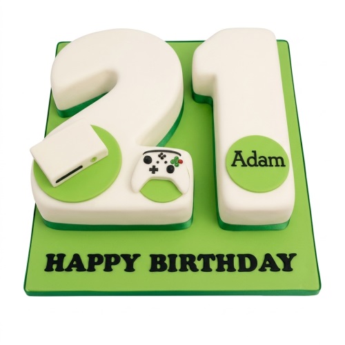 White number cake with green accents, featuring a game console and controller, with a custom age and personalised name.