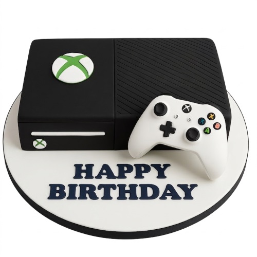 Black Xbox console cake with white Xbox controller and 'Happy Birthday' message on a white board.