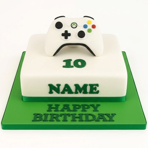 White square cake with a 3D Xbox controller topper, green base, and custom age and name.