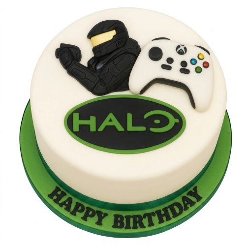 Round white and green Halo themed birthday cake with Master Chief and Xbox controller.