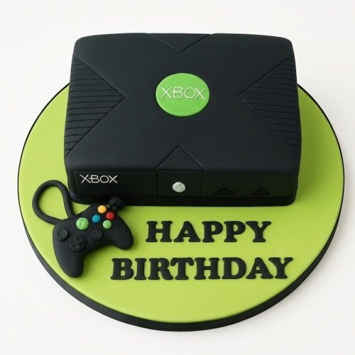 Black Xbox console cake with green logo and controller on a lime green board with 'Happy Birthday'.