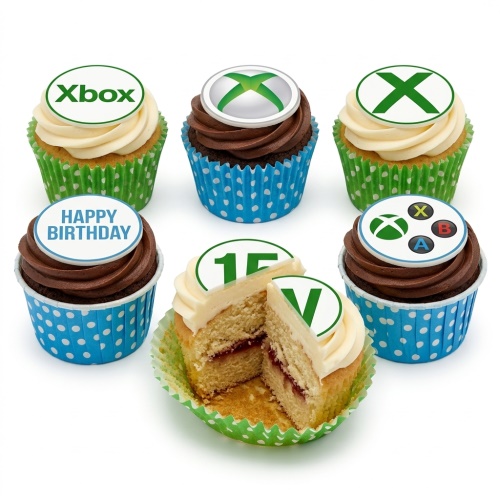 Six Xbox themed birthday cupcakes with green and blue wrappers, featuring Xbox logos, controller buttons, and a 'Happy Birthday' message.