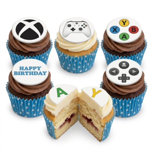 Xbox gaming themed birthday cupcakes with controller and logo toppers.