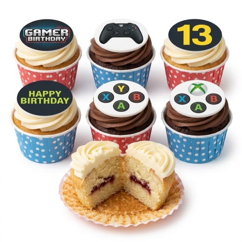 Assortment of Xbox themed birthday cupcakes with gaming controller, buttons, and custom age '13' toppers.