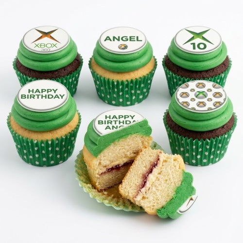 Green and brown Xbox themed cupcakes with various gaming logos and custom birthday messages.