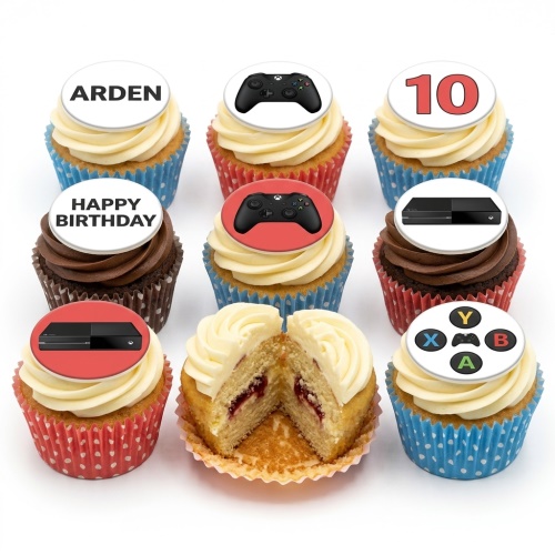 Xbox gaming themed cupcakes with controllers, console, and custom age topper.