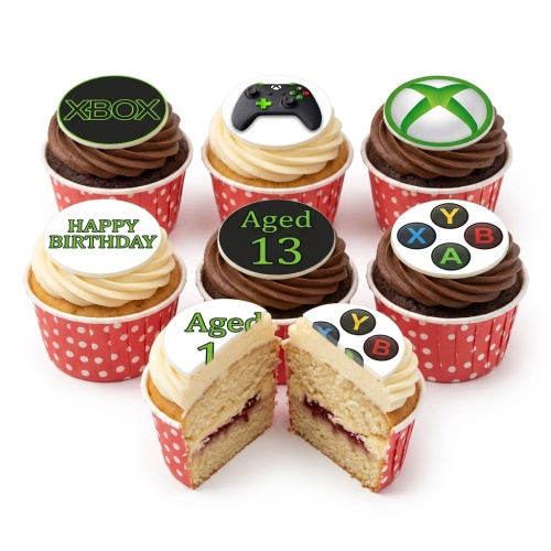Xbox themed cupcakes with green and black toppers, featuring controller, logo, and custom age examples.