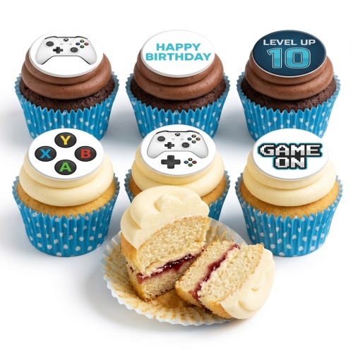 Gaming themed cupcakes with Xbox-style controllers, "Happy Birthday", "Level Up" and "Game On" toppers.