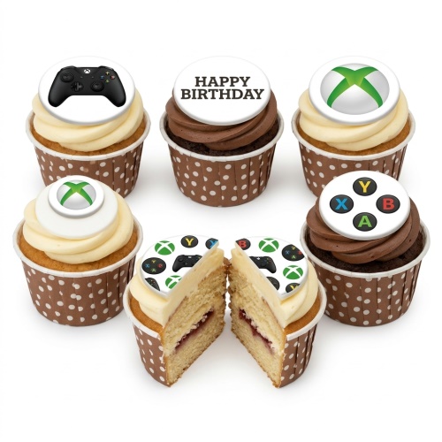 Set of Xbox themed cupcakes with controllers, logos, and 'Happy Birthday' topper on vanilla and chocolate cupcakes.