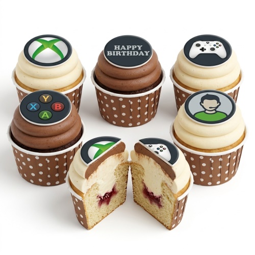 Xbox themed birthday cupcakes with controller, logo, and gamer icon toppers