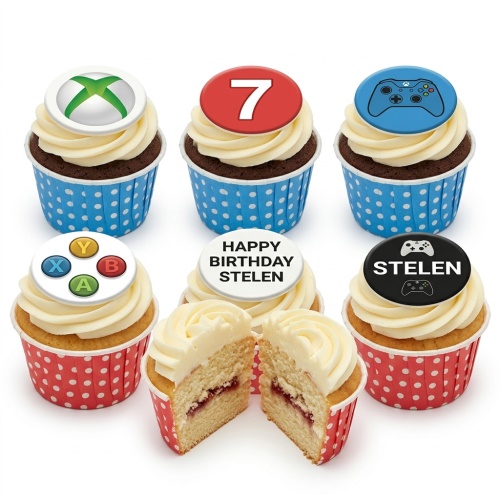 Six cupcakes with Xbox logos, gaming controllers, and a custom age topper. Some in blue, some in red polka dot cases.