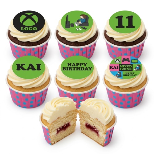 A set of six gaming-themed cupcakes with green toppers, featuring an Xbox logo, a boy playing video games, a custom age topper, a custom name topper, and a 'Happy Birthday' message.