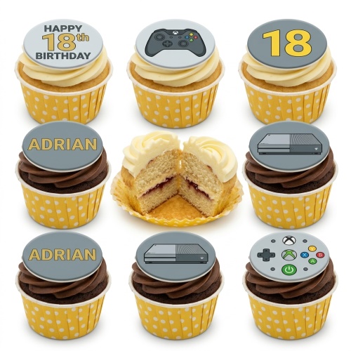 Gaming themed cupcakes with Xbox controller and console toppers, yellow polka dot cases, and custom age/name options.