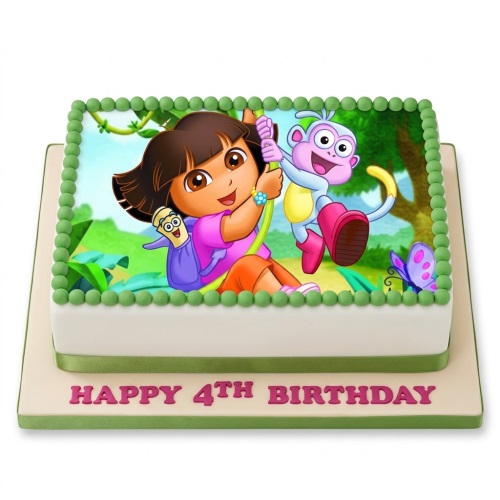 Rectangular Dora the Explorer birthday cake with Boots and a green beaded border.