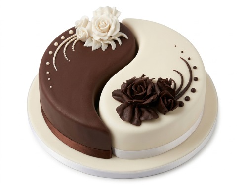 Elegant two-tone cake in a Yin and Yang design with white and dark chocolate sugar roses and pearl details.