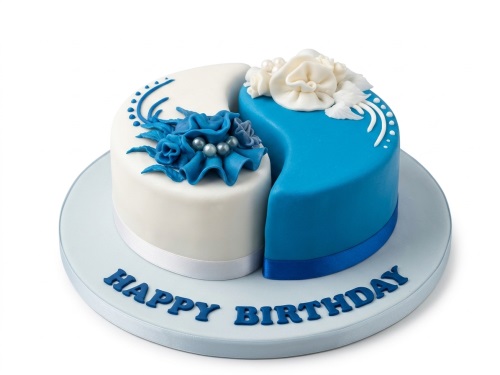 Elegant blue and white yin-yang style birthday cake with fondant flowers and pearls.