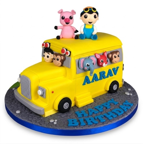 Yellow bus birthday cake with boy and animal characters, personalised name and Happy Birthday message.