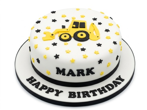 White round birthday cake with a yellow digger and black and yellow stars. Features a black ribbon and space for a personalised name and message.
