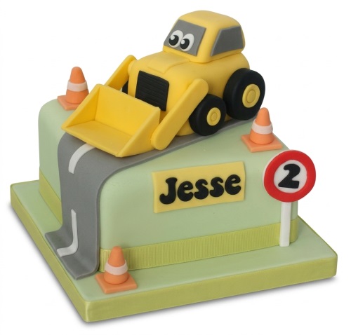 Yellow digger birthday cake with road, traffic cones, custom name plaque, and custom age sign.