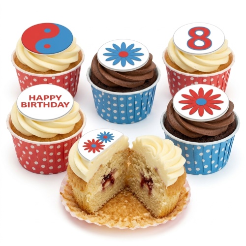 Birthday cupcakes with custom age topper, 'Happy Birthday' message, Yin & Yang, and flower designs.