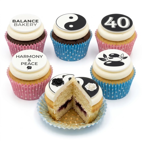 White and black cupcakes with Yin Yang, Zen stones, and custom age toppers.