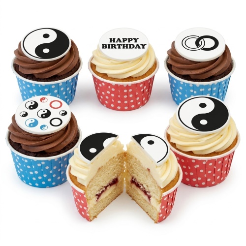 Set of Yin Yang themed birthday cupcakes with chocolate and vanilla frosting in red and blue polka dot wrappers.
