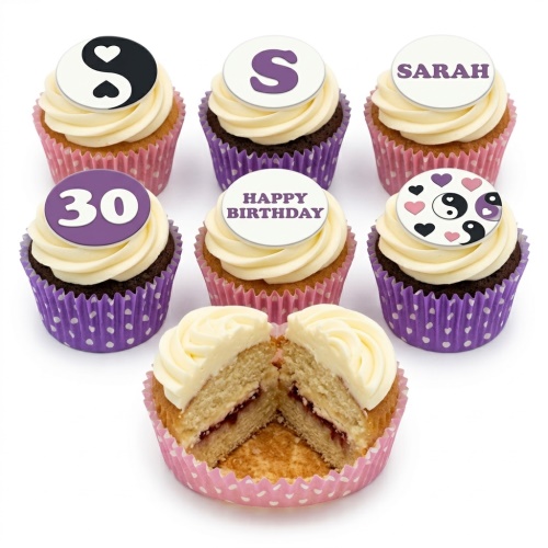 Set of ladies birthday cupcakes with white frosting, pink and purple cases, and customisable Yin Yang, hearts, initial, name, and age toppers.