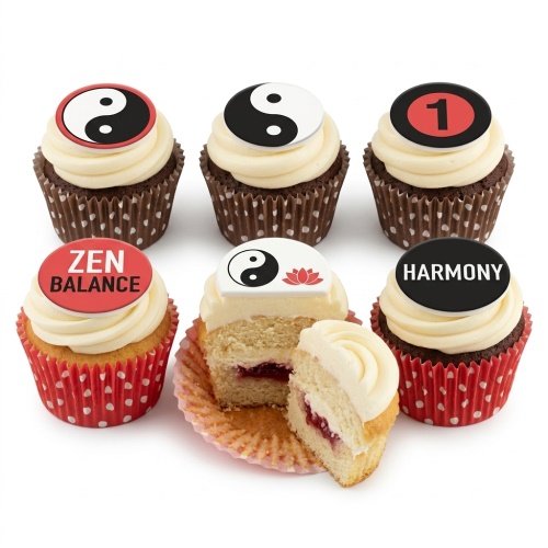 Cupcakes with Yin Yang, Zen Balance, Harmony, and custom age '1' toppers