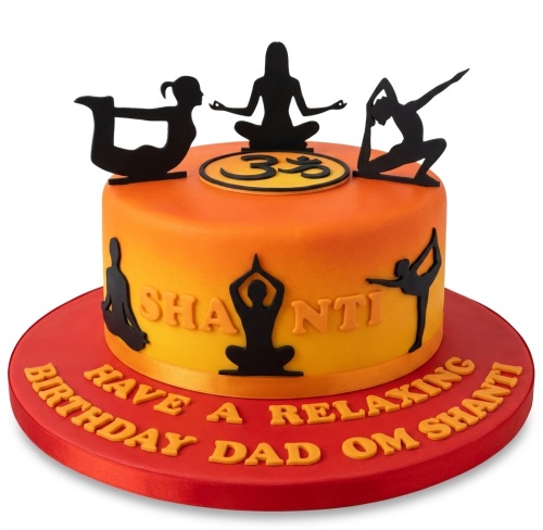 Round orange and yellow gradient cake with black yoga pose silhouettes and an Om symbol topper, on a red cake board.