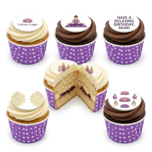Selection of vanilla and chocolate cupcakes with white and purple yoga and lotus themed toppers in purple polka dot wrappers.