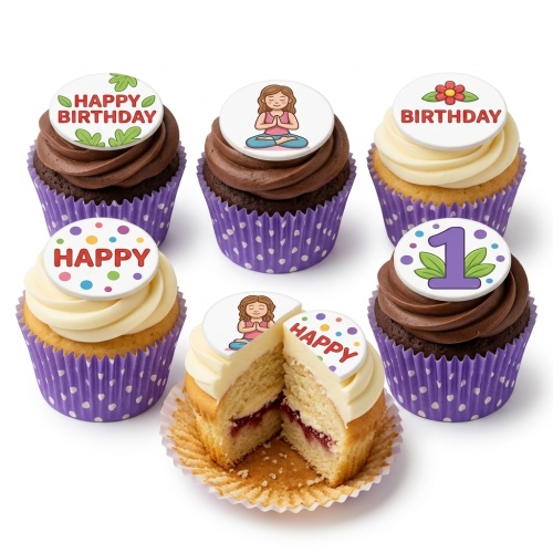 Six cupcakes with purple wrappers, some with chocolate icing and some with vanilla. Toppers include a yoga girl, 'Happy Birthday' text with leaves, and a number '1' with leaves.