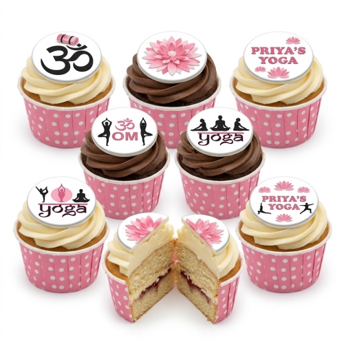 Yoga themed cupcakes with Om symbols, lotus flowers, and yoga poses on vanilla and chocolate frosting.