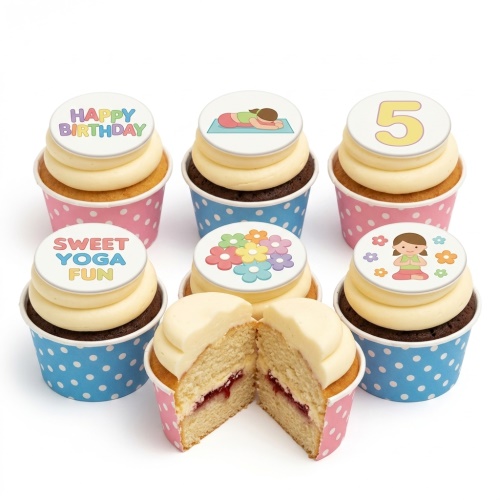 Selection of yoga themed birthday cupcakes with edible toppers featuring yoga poses, colourful flowers, 'Happy Birthday', 'Sweet Yoga Fun', and a custom age '5'.