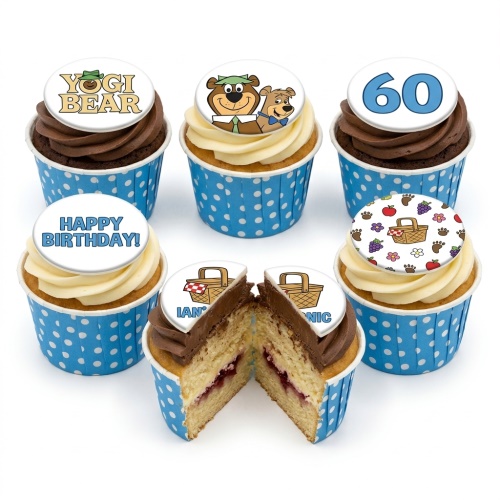 Yogi Bear and Boo Boo themed birthday cupcakes with custom age and picnic basket toppers.