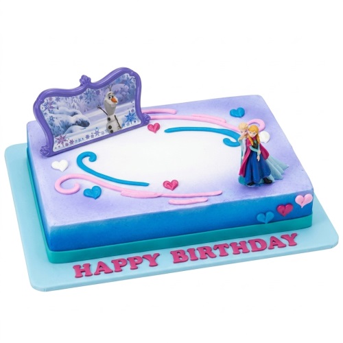 Rectangular Disney Frozen birthday cake with Anna, Elsa, and Olaf, decorated with purple, blue, pink, and white hearts and swirls.