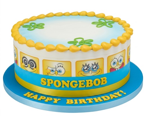 Round Spongebob Squarepants birthday cake with character faces, blue and yellow colours, and "Happy Birthday" message.