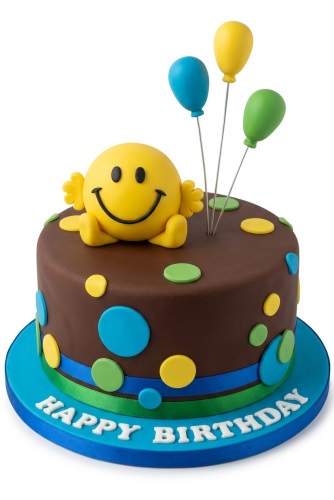 Round brown birthday cake with a yellow smiley face, colourful balloons, and polka dots.