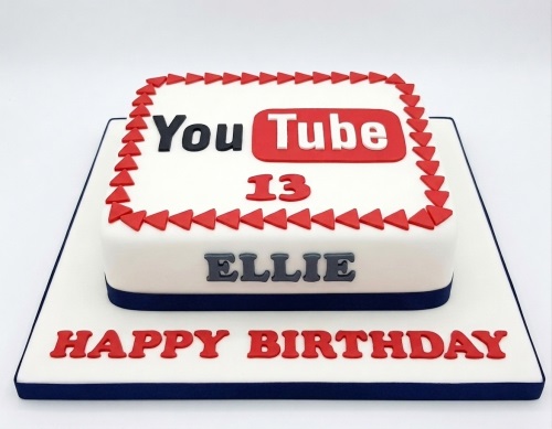 Square white YouTube theme birthday cake with red logo, custom age, and personalised name.