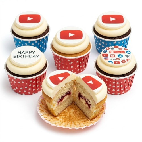 Six cupcakes with cream frosting and edible toppers, some with YouTube play buttons, one with 'Happy Birthday', and one with a 'Subscribe' button and social media icons.
