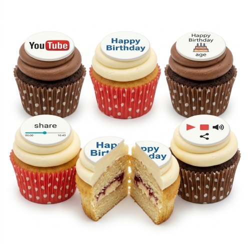 YouTube logo and video player themed birthday cupcakes with custom age topper