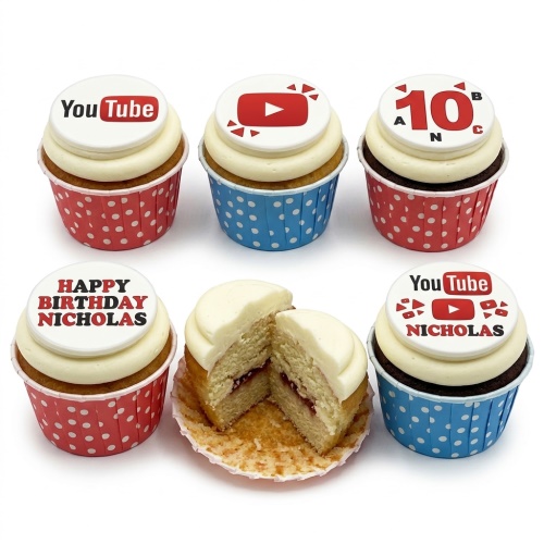 Six cupcakes with white frosting and YouTube themed edible toppers, including logo and play button, in red and blue polka dot cases.