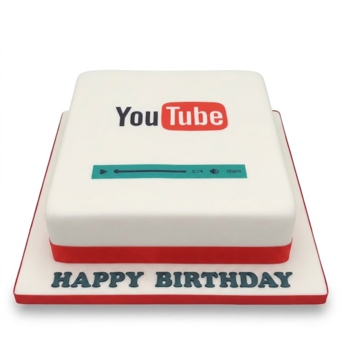 White square birthday cake with YouTube logo and video player design.