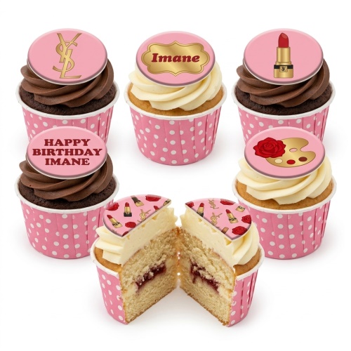 Cupcakes with pink polka dot cases, YSL-like logo, lipstick, and artist palette toppers.