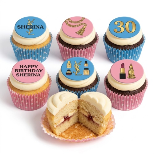 Designer fashion cupcakes with YSL-inspired logos, makeup, jewellery, custom age, and personalised name toppers.