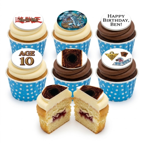 Yu-Gi-Oh! themed cupcakes with various edible toppers including logo, Blue-Eyes White Dragon, card designs, and custom age and message examples.