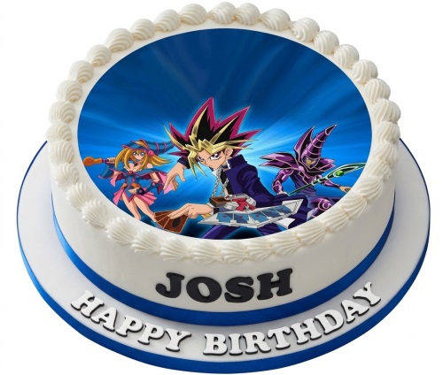 Round white Yu-Gi-Oh! birthday cake with Yami Yugi edible image, blue ribbon, and custom message.