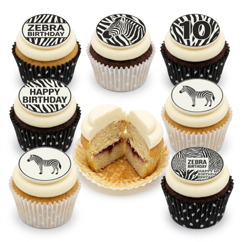 Zebra birthday cupcakes with black and white zebra print and custom age toppers.