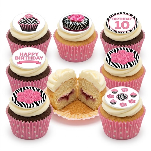 Pink and black zebra print birthday cupcakes with rose and Happy Birthday toppers.