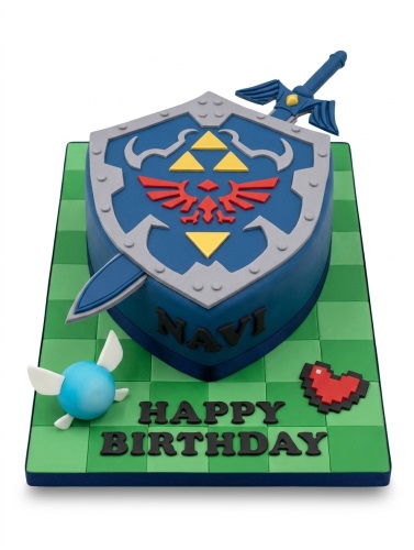 Blue shield-shaped Zelda birthday cake with Hylian Shield design, Master Sword, Navi fairy, and pixelated heart on a green checkered board.