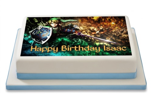 Two-tier white fondant cake with a Legend of Zelda Link edible image and blue ribbon.